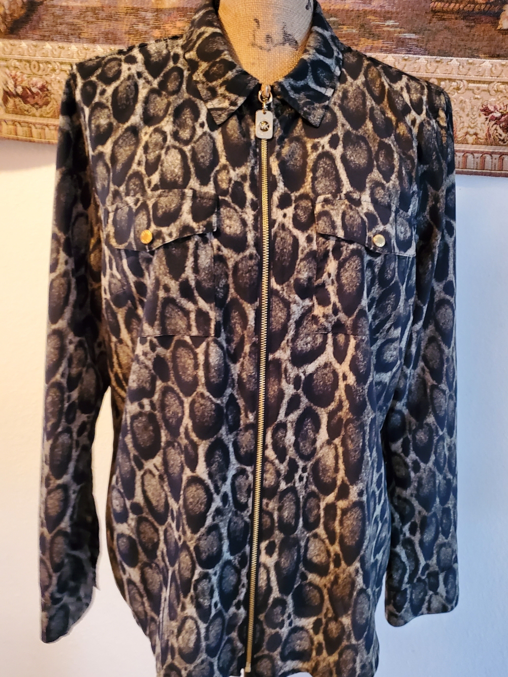 MICHAEL Michael Kors Leopard Print Zip Front Blouse Size L